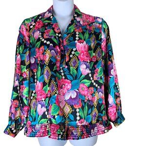 Vintage Blouse Maygene Size Large Multicolor Floral Bring Long Sleeved FLAW